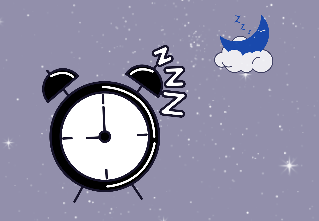 Nuit étoilée avec un réveil noir et une lune violette.