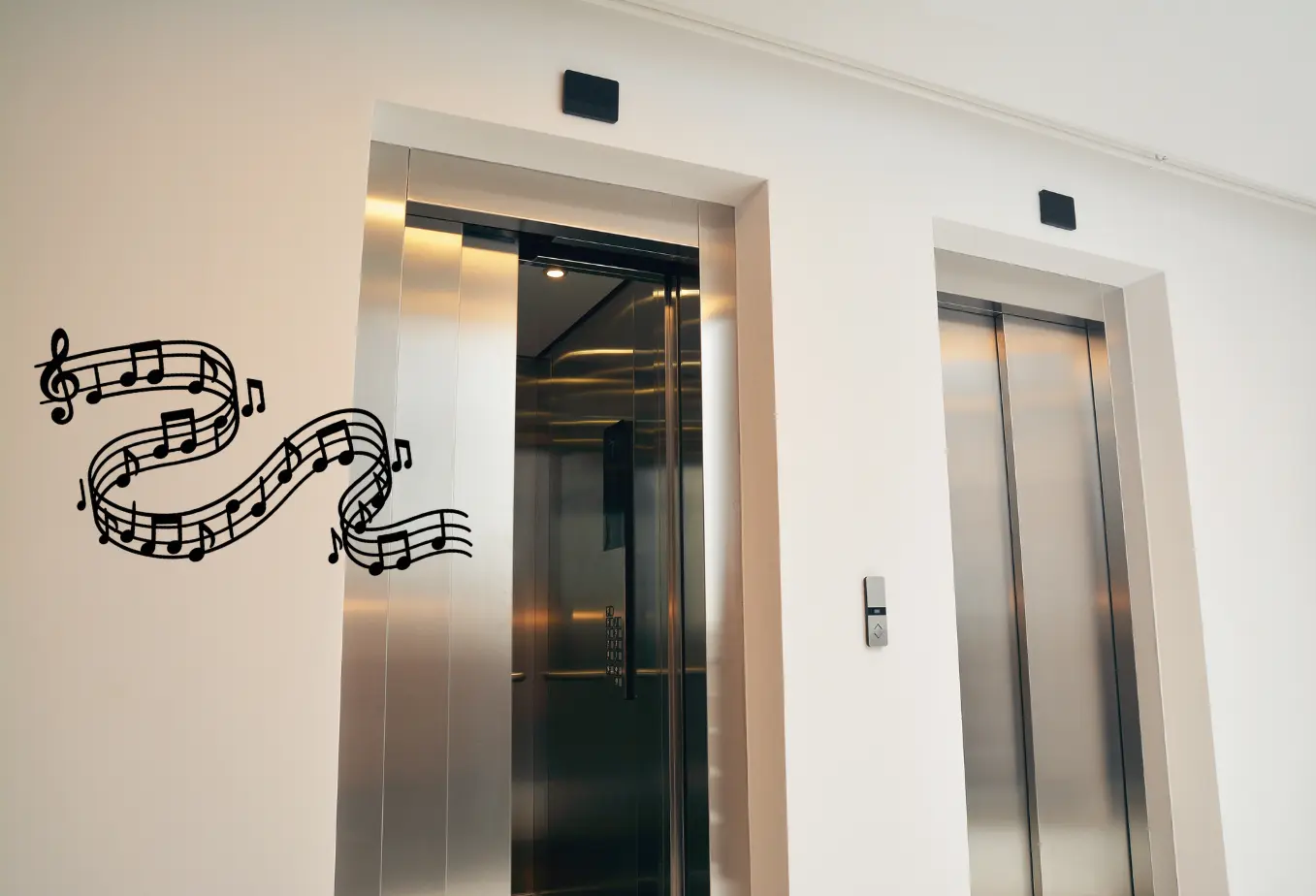 Deux ascenseurs dans un couloir. L'un d'eux est ouvert et une mélodie en sort.